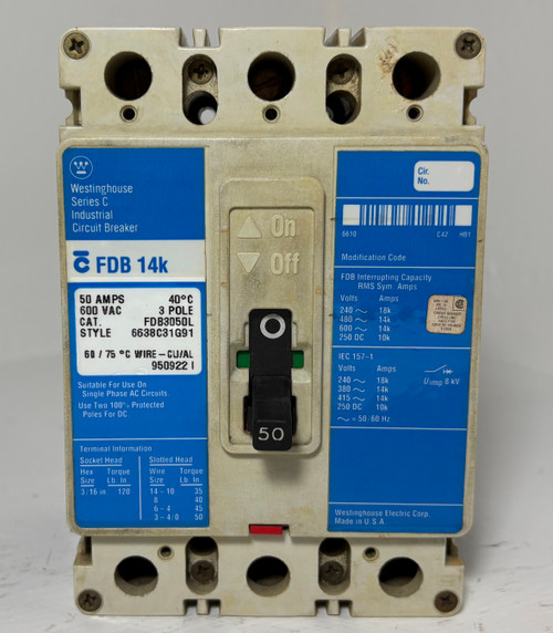Westinghouse FDB3050L 50A Circuit Breaker Glossy Blue 480/600V 3P FDB3050 50 Amp (EM5675-2)