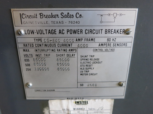 CBS DS-840 4000A Power Circuit Breaker T56BLSIG RMS 500 Trip PD6D40A400 4000 Amp (DW7593-1)