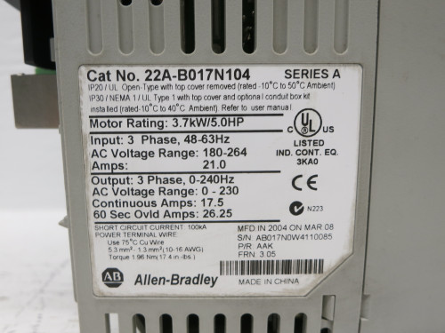 Allen Bradley 22A-B017N104 5 HP PowerFlex 4 240V AC VS Drive 240 VAC 5HP Ser A (DW7597-1)