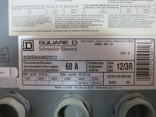 NEW Square D 60A Fused Size 2 Starter Combination Combo Box 60 Amp 8536SDO1S 3R (DW7600-1)
