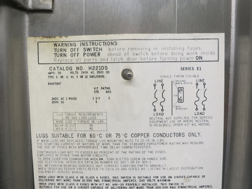 Square D H221DS 30A 240V Safety Switch Disconnect 30 Amp H221-DS Stainless 4X E1 (DW7603-1)