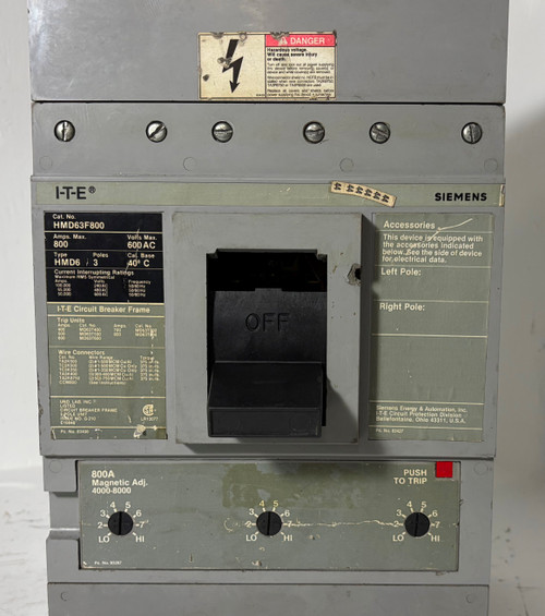Siemens HMD63F800 800A Circuit Breaker w/ 800 Amp Trip 600V 3P Type HMD6 ITE 3P (EM5681-2)