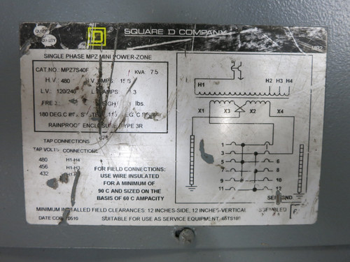NEW Square D MPZ7S40F 7.5 kVA 480 - 120/240 1PH MPZ Mini Power-Zone Transformer (DW7628-1)