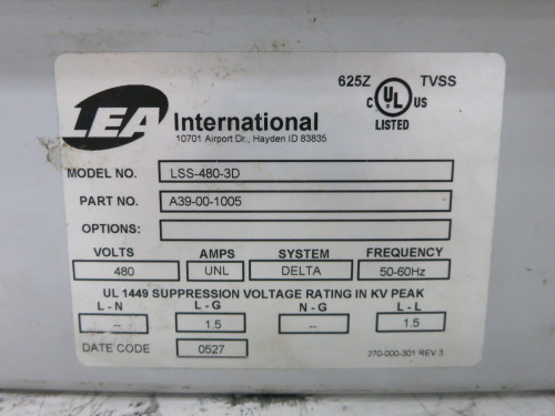 LEA International LSS-480-3D A39-00-1005 Surge Suppressor 480V LSS4803D (DW7638-1)