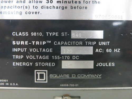 Square D Class 9810 Type ST-540 Sure-Trip Capacitor Trip Unit 9810-ST-540 (DW7640-1)