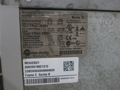 Allen Bradley 20BD096A0ANNAND0 75 HP PowerFlex 700 480V AC VS Drive 96A Ser B (DW7642-1)