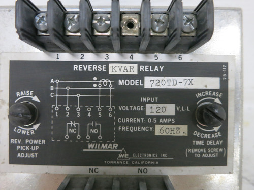 Wilmar 720TD-7X Reverse KVAR Relay 120V 700 Series Time Delay 720TD7X TE Tyco (DW7644-3)