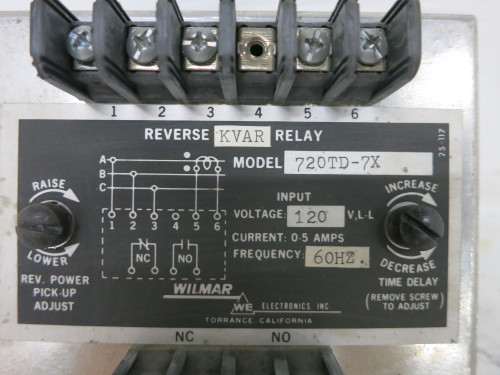 Wilmar 720TD-7X Reverse KVAR Relay 120V 700 Series Time Delay 720TD7X TE Tyco (DW7644-3)