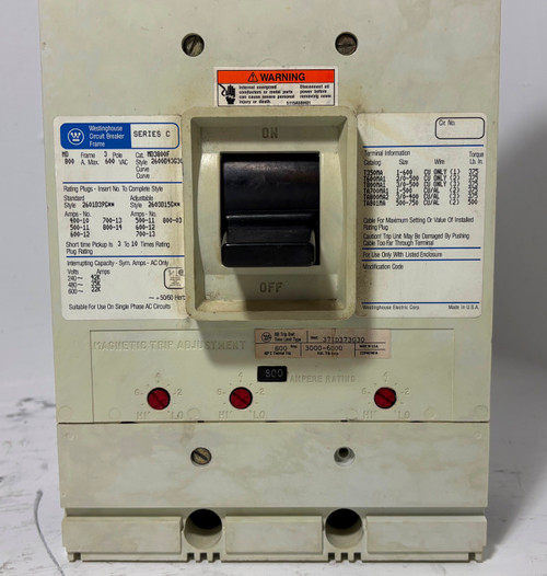 Westinghouse MD3800F 800A Circuit Breaker w/ 800 Amp Trip 3P 480/600V MD3800 (EM5692-1)