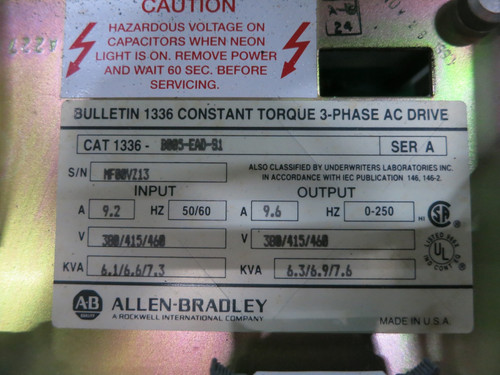 Allen Bradley 1336-B005-EAD-S1 5 HP 1336 AC VS Drive 9.6A Ser A 380/415/460V (DW7654-1)