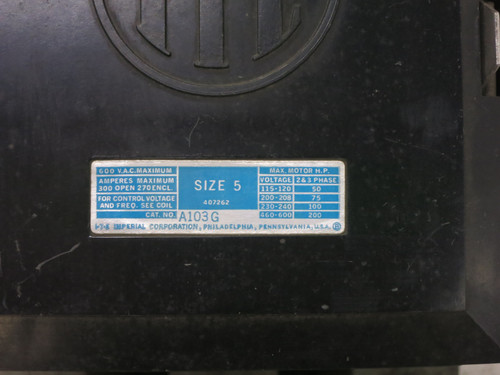 ITE A103G Size 5 Motor Contactor 480V Coil 200 HP Gould I-T-E Imperial 480 VAC (DW7656-1)