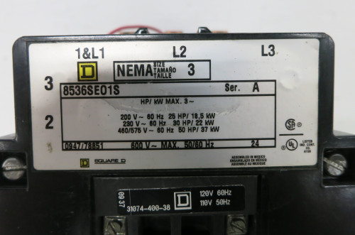 Square D 8536SEO1S Size 3 Motor Starter w/ Motor Logic 9065-SR320 120V Coil (DW7660-1)
