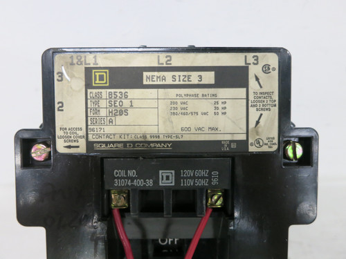 Square D 8536SEO1-H20S Size 3 Motor Starter w/ Motor Logic 9065-SR320 120V Coil (DW7661-1)