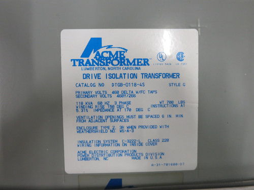 Acme 118 kVA 460 Delta to 460Y/266 V 3PH Isolation Transformer DTGB-0118-4S 460V (DW7683-5)