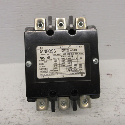 Danfoss DP120-3A0 Model 96 Contactor 150 Amp 600V 75HP 3P 24V Coil 150A 50/60HZ (AH0814-1)