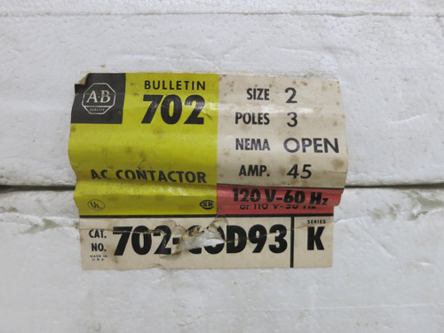 NEW Allen Bradley 702-COD93 Size 2 Motor Contactor 120V Coil 25 HP 45A 702-C0D93 (DW7693-1)