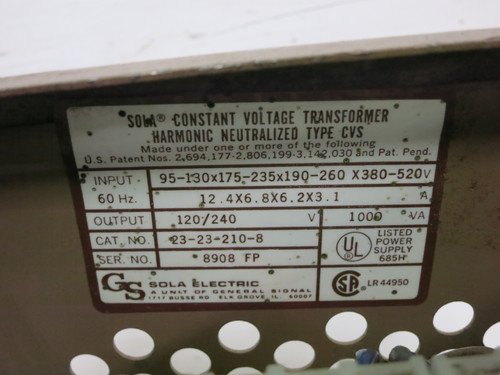 SOLA CVS 23-23-210-8 1000 VA Constant Voltage Transformer 120/240V MCR Power (DW7698-2)