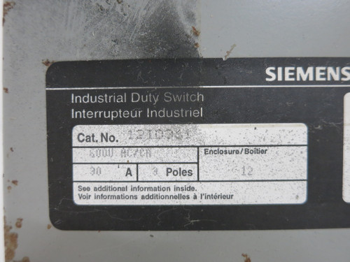 Siemens 12ID361 30A 600V Fusible Disconnect Switch Window 30 Amp 121D361 Type 12 (DW7700-6)