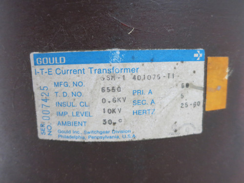 ITE GSM-1 Current Transformer Ratio 50:5 Amp 401075-T1 CT GSM1 50:5A Gould (DW7704-2)