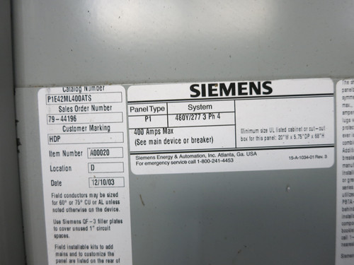 Siemens P1E42ML400ATS 400A 480Y/277 Breaker Panel Board 3P4W MLO 400 Amp P1 480V (DW7712-1)