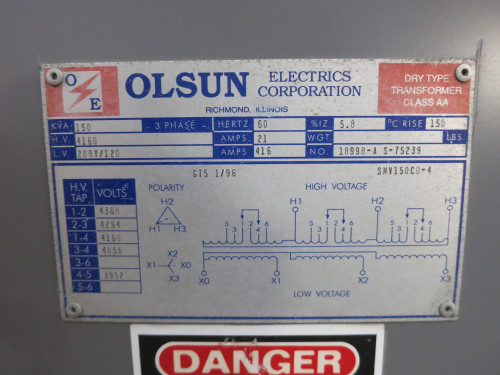 Olsun 150 kVA 4160 Delta to 208Y/120 V 3PH Transformer 4160V - 208V 18998-A (DW7714-1)