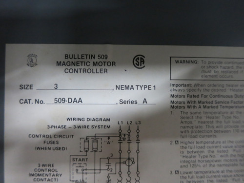 Allen Bradley 509-DAA Enclosed Size 3 Motor Starter 240V Coil 509-DOA 509-D0A (DW7735-1)