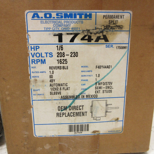 NEW A.O. Smith 174A Motor 1/6HP 208-230V 1625 RPM Reversible F48Y44A01 1 Amp NIB (AH0837-1)