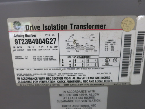 GE 40 kVA 575 Delta to 230Y/133 V 3PH Dry Type Transformer 9T23B4004G27 575V 230 (DW7758-1)
