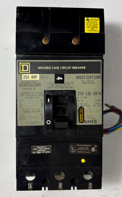 Square D I-Line KA362501580 250A Circuit Breaker w/ Aux & UVR 600V 3P KA 250 Amp (EM5732-1)