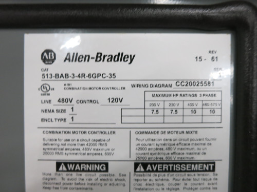 Allen Bradley 3A Breaker Size 1 Motor Starter Combination Combo Box 500F-BOD930 (DW7776-1)