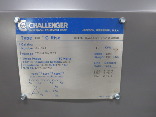 Challenger 11 kVA 575 Delta to 230Y/133 V 3PH Transformer 575V - 230V 112-N03 (DW7773-1)