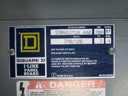 Square D 700A I-Line Main Breaker Panel Board 3PH 4W 700 Amp MAL36700 240/120 (DW7799-1)