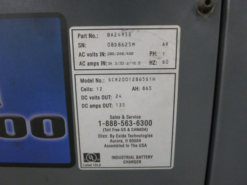 Exide SCR 200 GNR Battery Charger 208/240/480V 1PH - 24 VDC 12 Cell 865 AH 24V (DW7802-1)