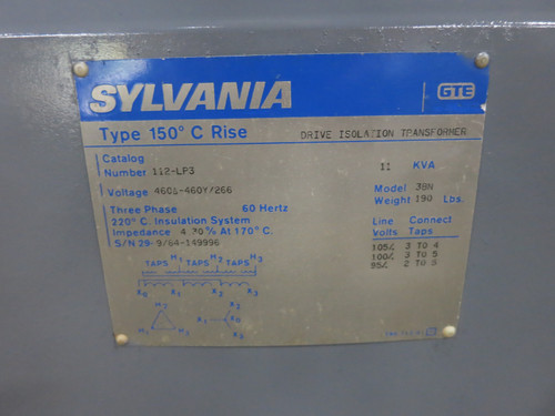 Sylvania 11 kVA 460 Delta to 460Y/266 V 3PH Isolation Dry Type Transformer 460V (DW7805-1)
