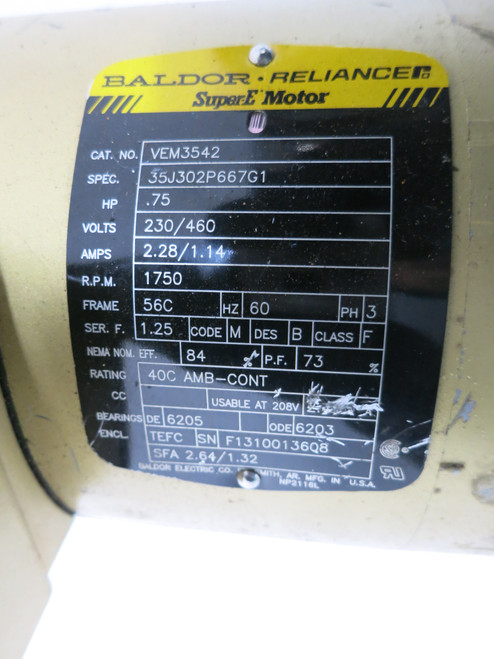 Baldor VEM3542 0.75 HP AC Motor 230/460V 1755 RPM 56T 35J302P667G1 TEFC (DW7829-1)