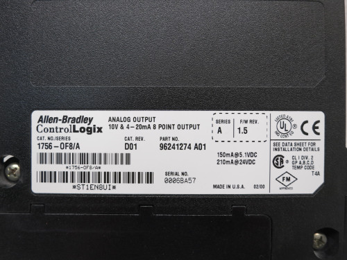 Allen Bradley 1756-OF8 Ser A Rev D01 F/W 1.5 ControlLogix Analog Output PLC Card (DW7853-1)