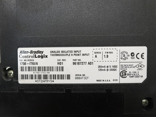 Allen Bradley 1756-IT6I Ser A Rev H01 FW 1.9 ControlLogix Thermocouple Input PLC (DW7849-5)