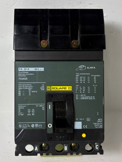 Square D I-Line FA34020 20A Circuit Breaker Green Label 480V 3P Type FA 20 Amp (EM5763-1) Square D I-Line FA34020 20A Circuit Breaker Green Label 480V 3P Type FA 20 Amp (EM5763-1)