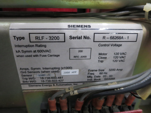 Siemens RLF-3200 3200A Air Breaker LSIG Static Trip III RMS-TSIG-TZ-CP 3200 Amp (DW7857-1)