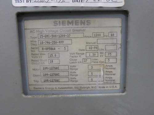 Siemens 15-GMI-500-1200-37 1200A 15kV Vacuum Circuit Breaker 1200 Amp VS-10006 (DW7855-1)