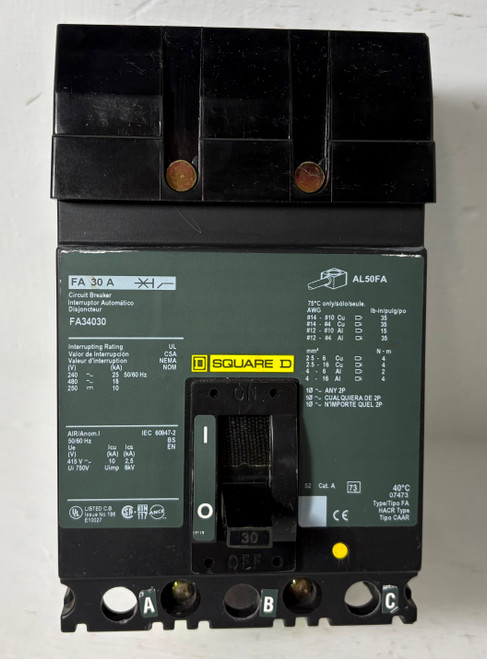 Square D I-Line FA34030 30A Circuit Breaker Green Label 480V 3P Type FA 30 Amp (EM5764-1)