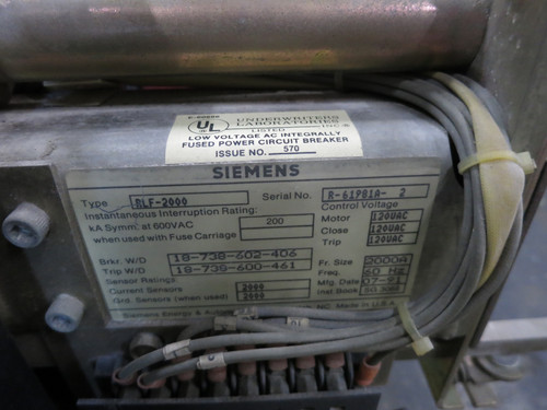 Siemens RLF-2000 2000A Air Breaker LSIG Static Trip III RMS-TSIG-TZ-C 2000 Amp (DW7863-3)