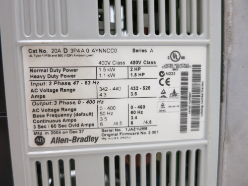 Allen Bradley 20AD3P4A0AYNNCC0 2 HP PowerFlex 70 480V AC VS Drive FW 2.001 Ser A (DW7878-17)