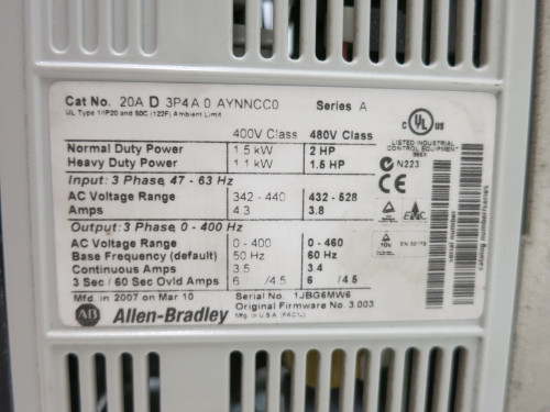 Allen Bradley 20AD3P4A0AYNNCC0 2 HP PowerFlex 70 480V AC VS Drive FW 3.003 Ser A (DW7879-1)