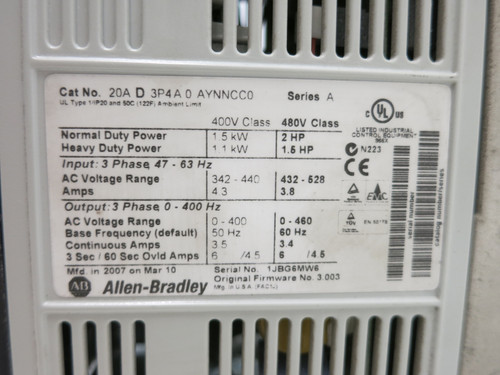 Allen Bradley 20AD3P4A0AYNNCC0 2 HP PowerFlex 70 480V AC VS Drive FW 3.003 Ser A (DW7879-1)