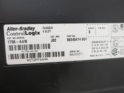 Allen Bradley 1756-A4 Chassis ControlLogix PLC Rack 1756-PA72 1756-L55 CPU Comm (DW7877-1)