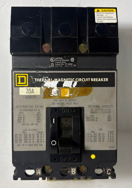 Square D I-Line FAB36035 35A Circuit Breaker 480/600V 3 Pole Type FAB 35 Amp 3P (EM5783-1)