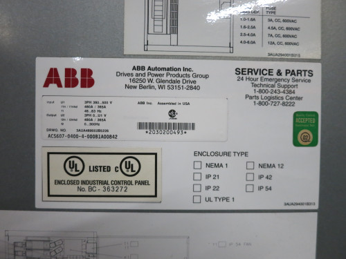 ABB ACS607-0400-4 400 HP AC VS Drive ACS-600 VFD ACS60404005 ACS600 Cabinet (DW7898-1)