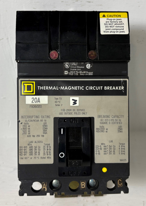 Square D I-Line FH36020 20A Circuit Breaker 480/600V 3 Pole Type FA 20 Amp 3P (EM5790-12)