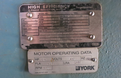 Toshiba 262 HP 460V AC Chiller Compressor Motor 3600 RPM TIKK 445TDZ 296 FLA (DW7936-1)